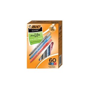 BIC Round Stic Xtra Life Ball Point Pen, Assorted, 60 Pack